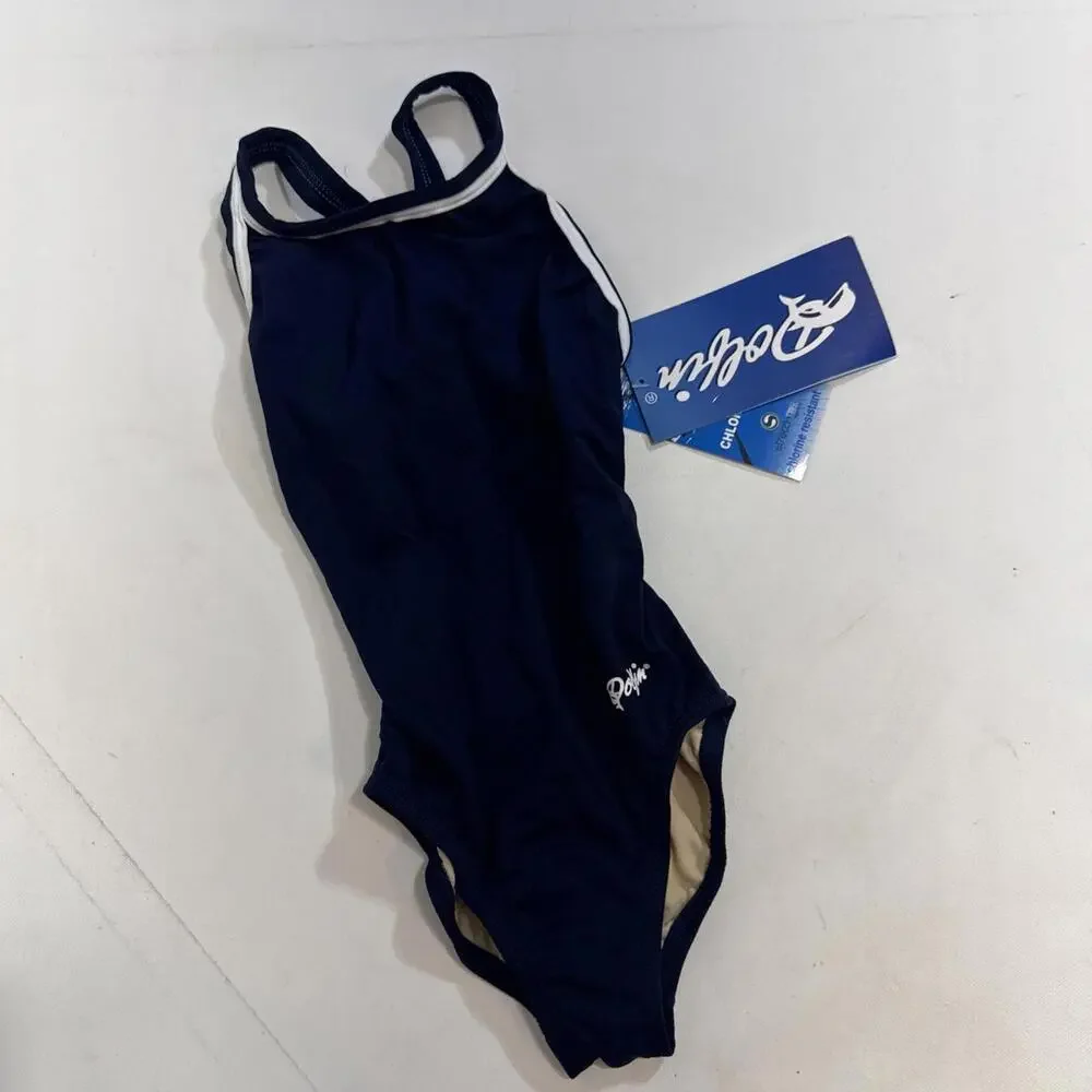 Dolphin girls‎ practice UPF 50+ Swimsuit one piece Sz 22 Navy White Stripe NWT